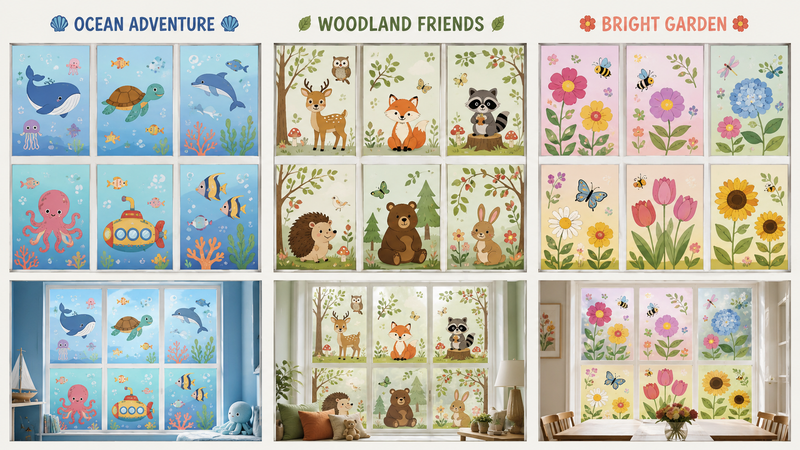 Colorful festive window clings with skulls, butterflies, instruments, and floral designs, suitable for seasonal decoration.