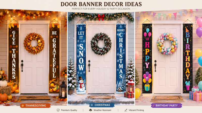 Holiday-themed decorative banners showcasing multiple festive designs, suitable for B2B wholesale and event use.
