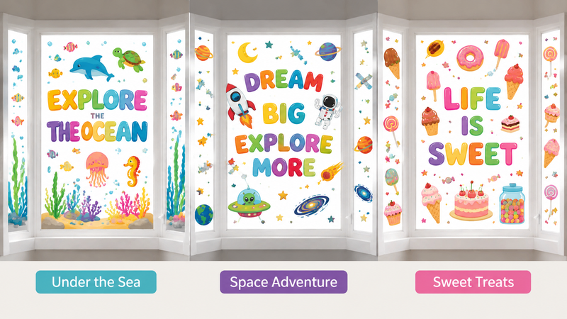 Three themed window clings for kids’ parties including ocean, space, and sweet treats with vibrant, playful designs.