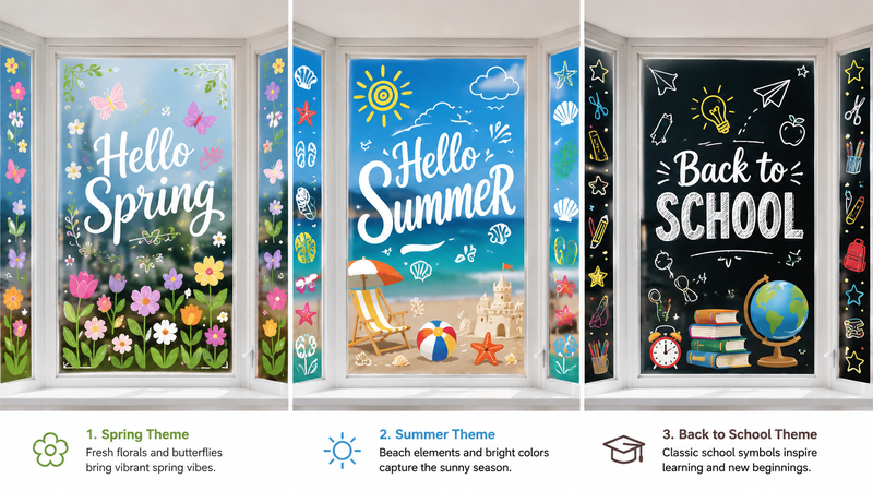 Multi-theme window clings showing birthday, seasonal, and festive designs with vibrant colors and decorative details.