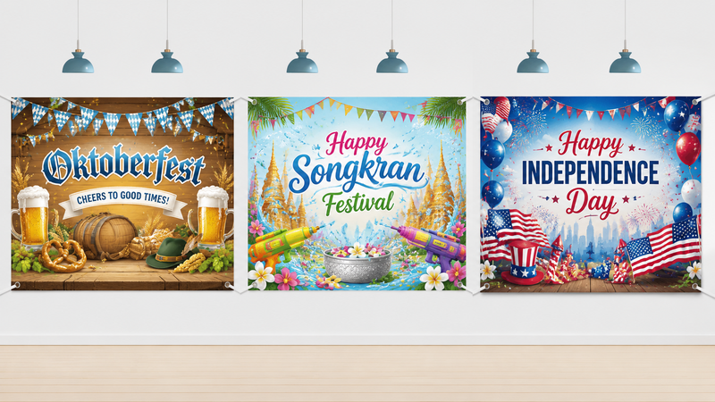 Three festive banners featuring Oktoberfest, Songkran, and Independence Day themes displayed together in a colorful, lively party scene.