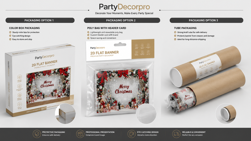 Three packaging options for party banners including color box, poly bag with header card, and kraft tube, highlighting protection, convenience, and customization.