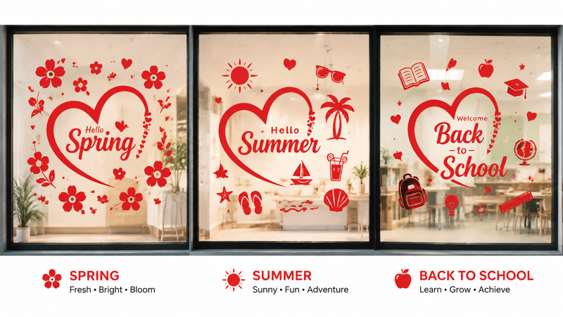 Seasonal window clings set with hearts, flowers, suns, and school icons in red vinyl on clear