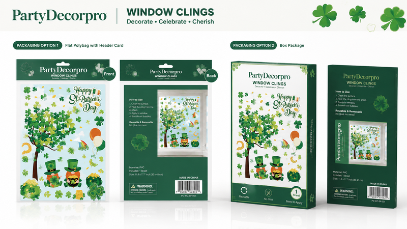St. Patrick’s Day window clings packaging options with shamrocks, leprechaun hats, and festive elements.