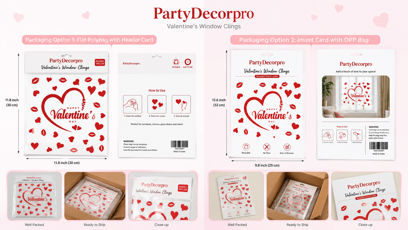 Valentine window clings packaging with polybag and OPP bag options, hearts and lips design