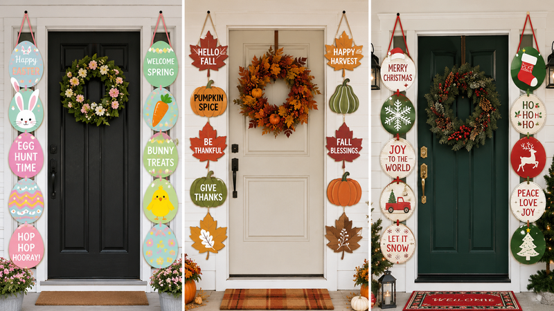 Festive door decorations and colorful garlands for various holidays and parties