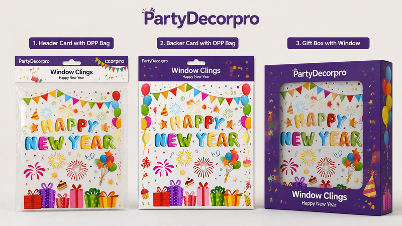 Custom packaging options for Happy New Year window clings with OPP bags, backing cards, and gift boxes
