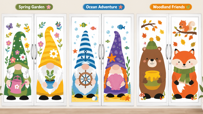 Customizable themed window clings featuring gnomes, ocean creatures, and woodland animals on double doors.
