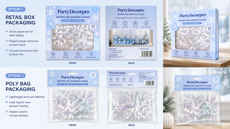 Snowflake window cling packaging options including retail box and poly bag, customizable for branding