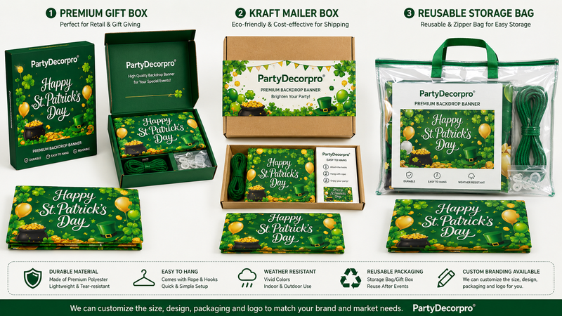 St. Patrick’s Day shamrock garland banner in three packaging options including gift box, drawstring bag, and clear OPP bag, ready for wholesale and custom branding.