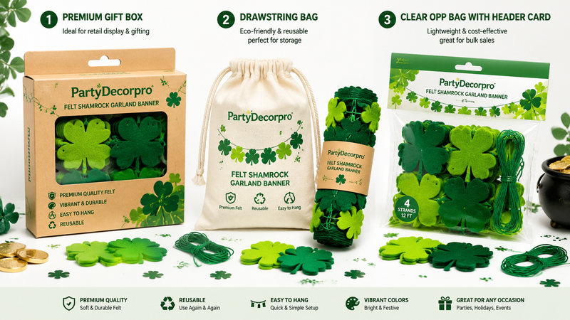 St. Patrick's Day felt shamrock garland banner packaging in gift box, drawstring bag, and clear OPP bag