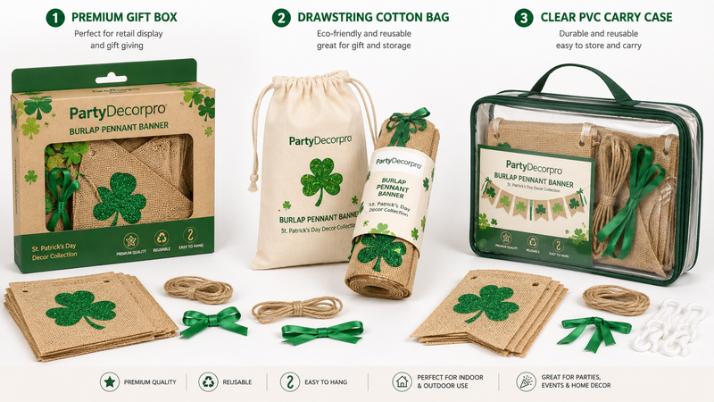 St. Patrick's Day pendant banner packaging showing eco-friendly material and festive themed graphics, multiple options displayed.