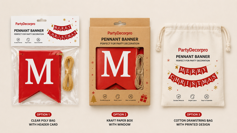 Custom pennant banner packaging concepts featuring poly bag, kraft window box, and drawstring pouch solutions for branded party decoration products