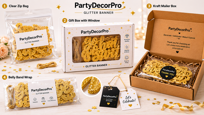 Custom Glitter Banner Packaging Options Featuring Zip Bag, Hang Tag, and Gift Box