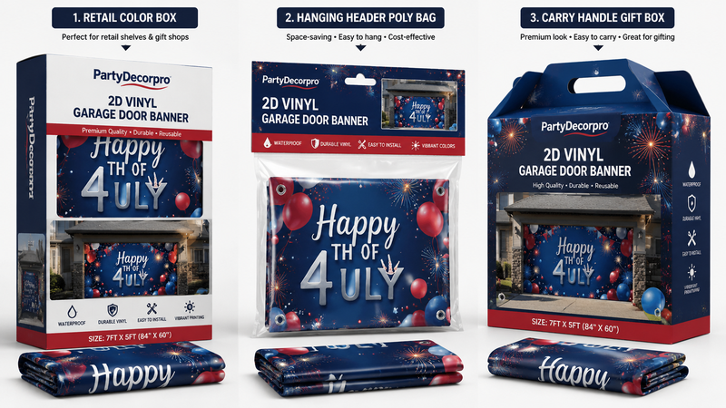 Customizable 2D vinyl banner showing multiple packaging concepts for holidays and party events.