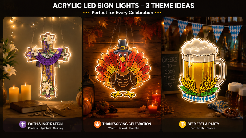 Colorful LED acrylic skull sign glowing in festive Day of the Dead style decoration with vibrant background papel picado banners and party lighting