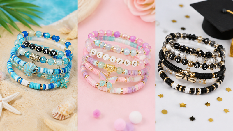 African inspired beaded bracelet stack with multicolor letter beads and custom charm design
