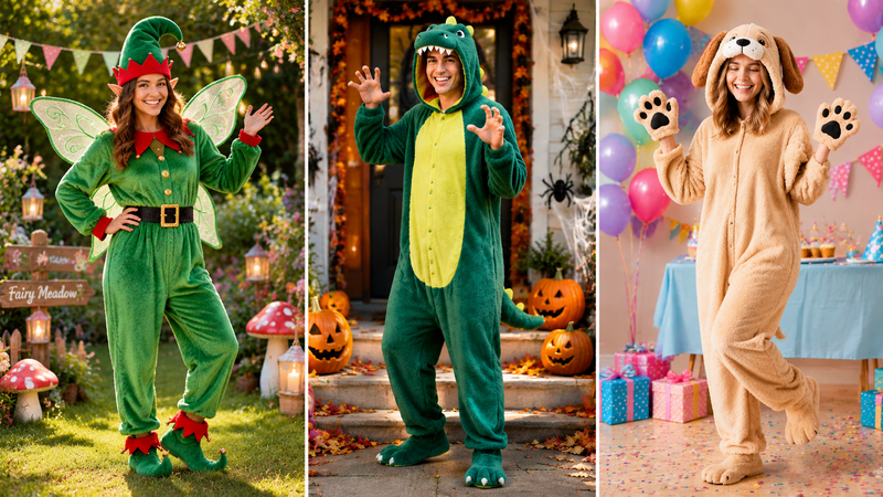 Three themed animal onesie costume scenes featuring elf dinosaur and dog outfits in festive outdoor and party environments