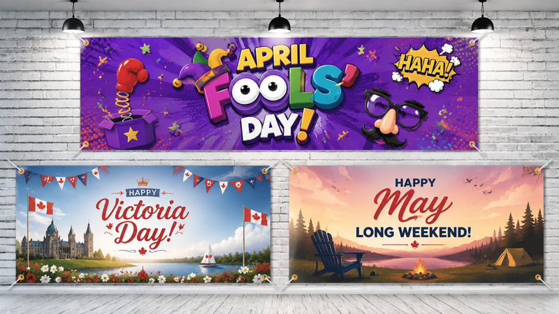 Three festive holiday banners for April Fools', Victoria Day, and May Long Weekend with immersive backgrounds.