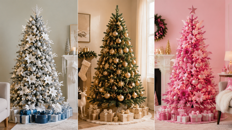 Cozy living room Christmas scene featuring multiple decorated artificial Christmas trees with ornaments, lights, stockings and wrapped gifts in a festive holiday interior setting.