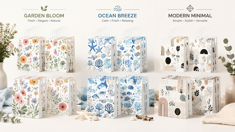 Autumn themed paper gift bags set featuring leaf, pumpkin and acorn patterns in multiple design variations mockup