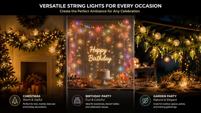 Autumn maple leaf LED string lights wrapped around fireplace mantel warm festive holiday home decoration glowing fall garland lights