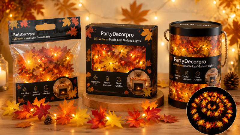 Autumn maple leaf LED string lights packaging options including header bag, window box and cylinder pack for retail display