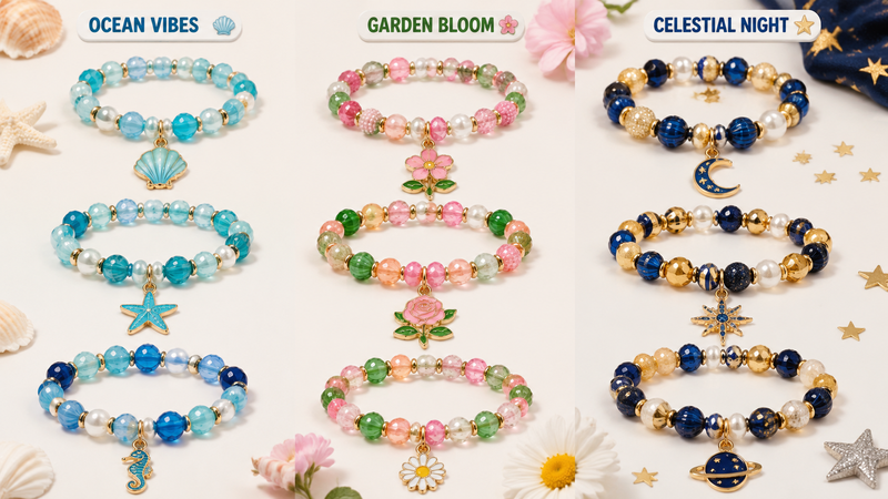 Seasonal beaded charm bracelets set with autumn themed acrylic beads and charms for B2B wholesale