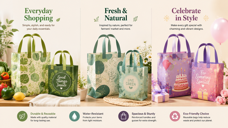 Autumn themed reusable shopping tote bags with multiple seasonal designs featuring pumpkins, leaves, and fall scenery in a unified product showcase layout