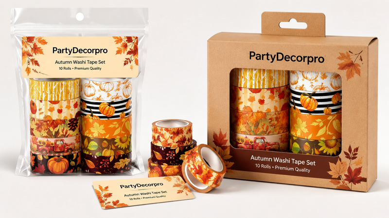 Custom autumn washi tape packaging solutions with clear bags and kraft window boxes