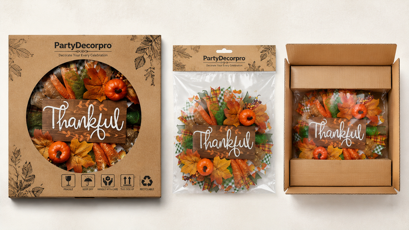 Autumn wreath product packaging concepts showing window display box, polybag with header card and protective shipping carton options for wholesale use