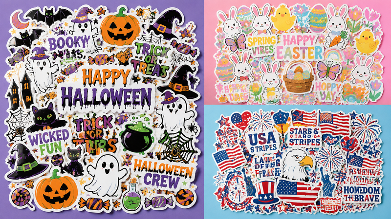 Multi theme festive sticker sheet collage featuring Halloween Easter and patriotic USA inspired designs