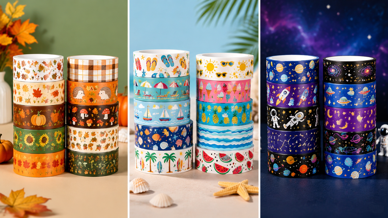 Three-panel display of decorative adhesive tape rolls featuring autumn harvest, tropical beach, and space themed patterns in a clean studio composition