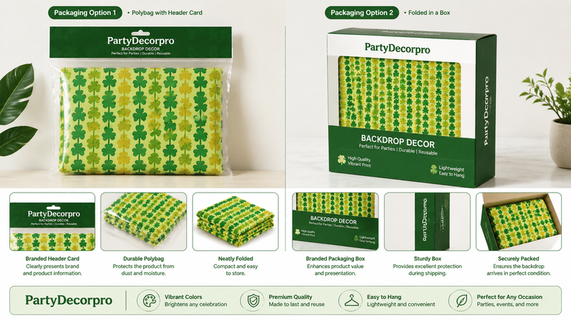 Two backdrop packaging options showing polybag and folded box designs for custom brand presentation.