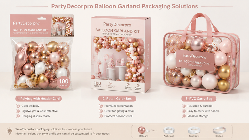 Custom balloon garland packaging solutions with clear bags, retail boxes, and reusable carry cases