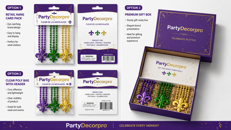 Bead necklace packaging options showing retail hang card, clear poly bag, and premium gift box presentation mockup