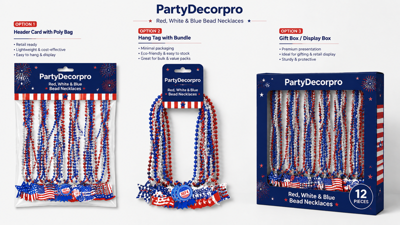 Bead necklace packaging options including poly bag hang tag and gift box wholesale custom branding display
