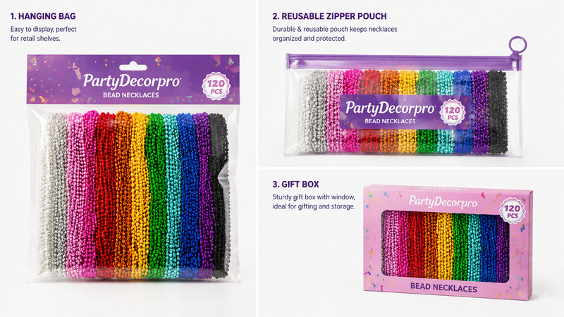 Bead necklace packaging options hanging bag zip pouch gift box B2B customizable wholesale solutions