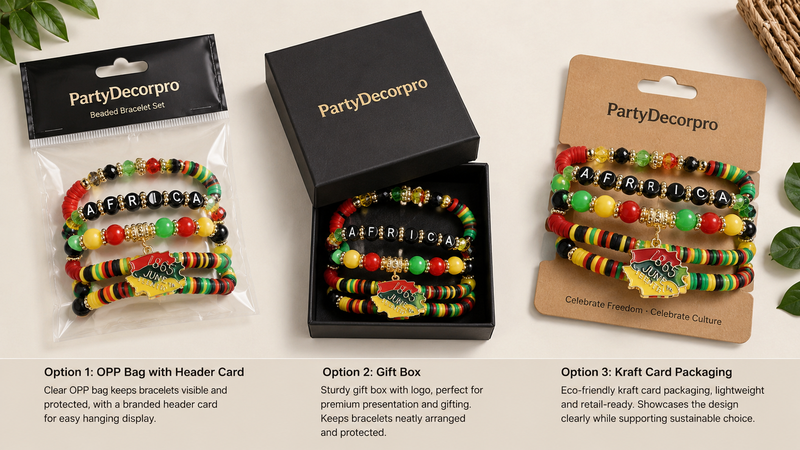 Beaded bracelet packaging options display including OPP bag, gift box and kraft card retail packaging for wholesale jewelry sets