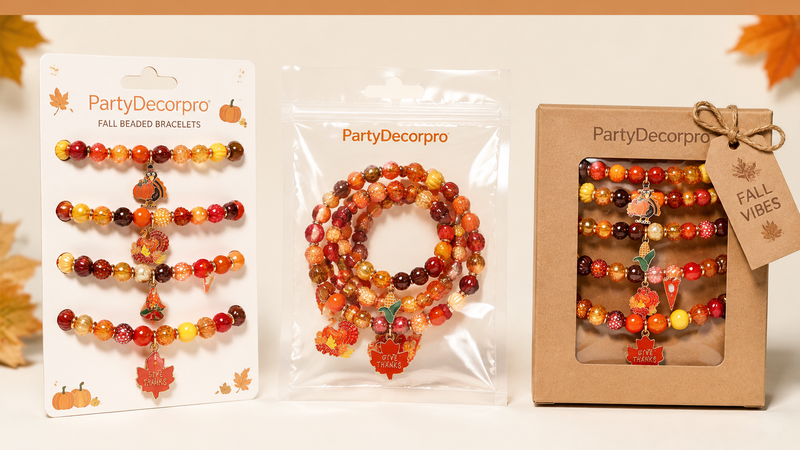 Autumn themed beaded bracelet packaging options including card display, resealable pouch and kraft box gift packaging