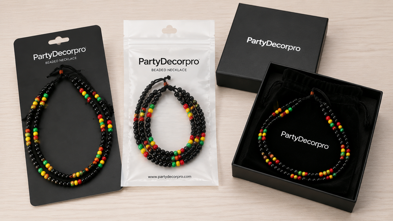 Beaded necklace displayed with card, pouch and gift box packaging options for wholesale B2B customization