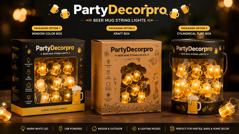 Beer mug string lights packaging options showing window box kraft box and cylindrical tube box with festive lighting design