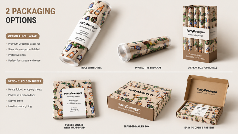 Beer-themed wrapping paper packaging options display roll and folded sheet formats for retail and gift use