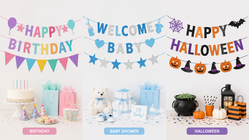Colorful party banner and table decorations for birthday, baby shower, and Halloween celebrations.