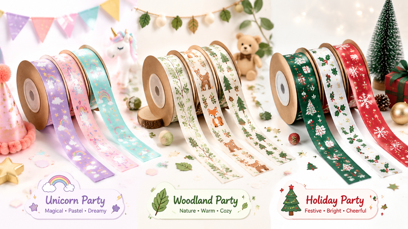 Colorful printed birthday party ribbons with balloon patterns and festive themed designs on spool reels for wholesale decoration use