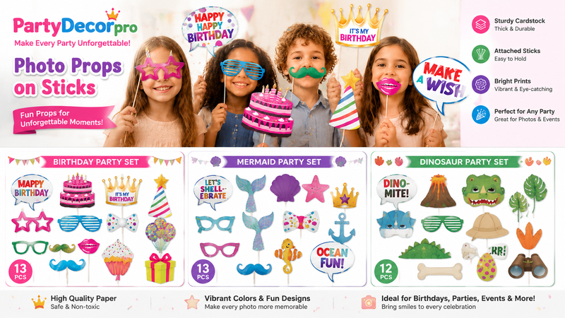 Birthday and party themed photo booth props set featuring colorful cake, glasses, signs and balloons for event photography and decoration