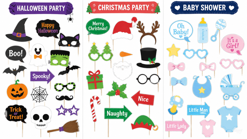 Colorful birthday photo booth props set with themed cutouts, glasses and signs for party photography and wholesale event decoration