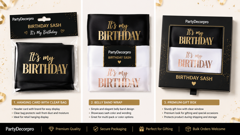 Custom birthday sash packaging solutions with clear bag, belly band wrap, and premium gift box designs