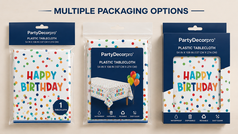 Birthday tablecloth packaging display showing multiple retail-ready packaging formats for wholesale distribution