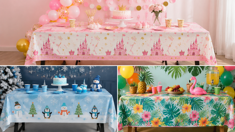 Disposable birthday tablecloth used in colorful kids party scenes with festive decorations and themed setups